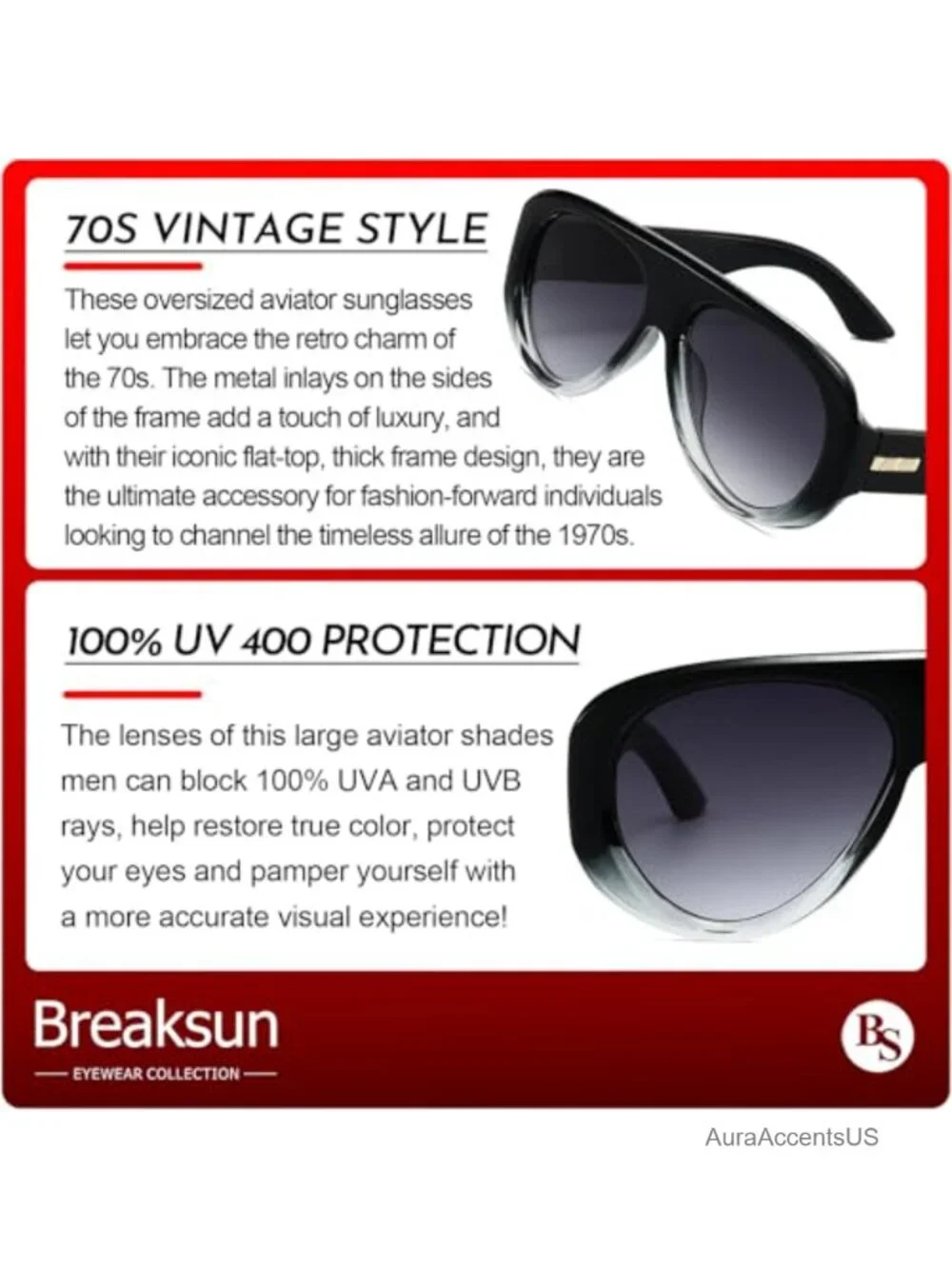 Oversized Retro Aviator Sunglasses 70s Big Shield Thick Frame UV400 Unisex